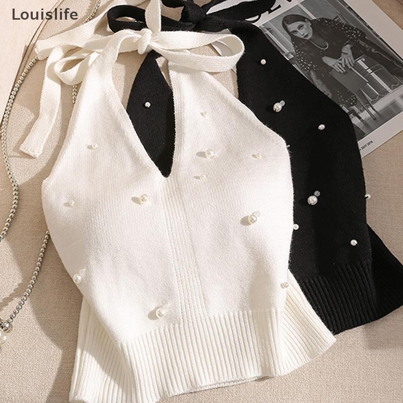 LLPH แฟชั่นภาษาฝรั่งเศสคําลูกปัด Halter คอ Tie Knot Backless ถักเสื้อกั๊กสําหรับผู้หญิง LLP