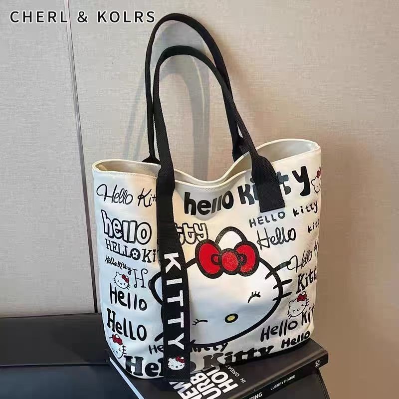C&K Hello Kitty กระเป๋าผ้าใบการ์ตูนกระเป๋าแฟชั่นกระเป๋าถือสตรีน่ารักCommuters All-Matching One-Shoulder Toteความจุขนาดใหญ่
