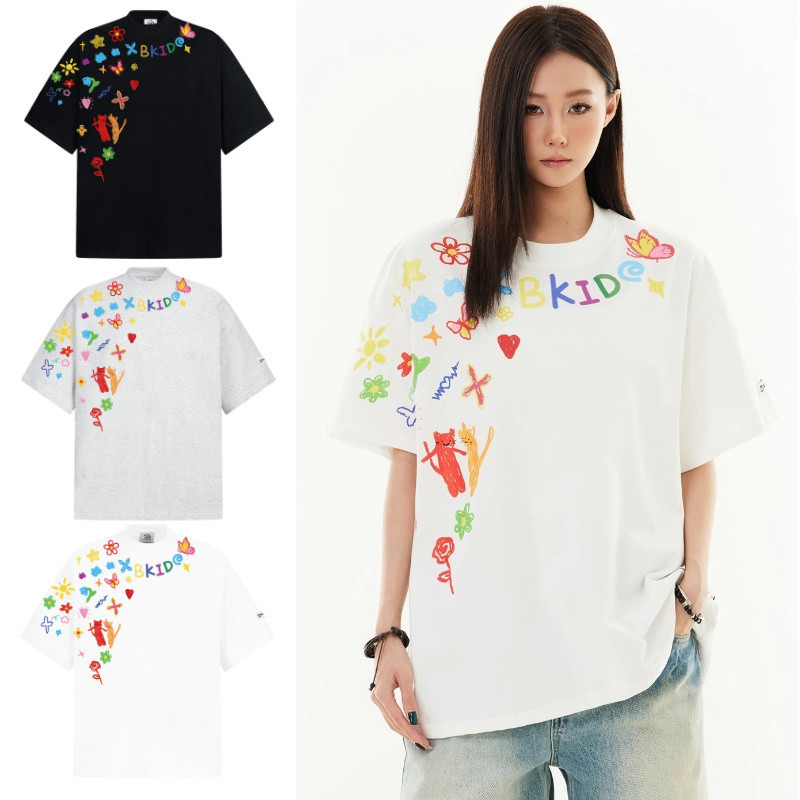 PannoFluxus ใหม่เสื้อยืดแขนสั้น American high street เวอร์ชั่นเกาหลีคุณภาพสูงสไตล์เป็นกลางการ์ตูน graffiti