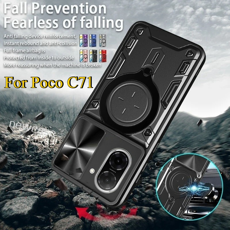 สไลด์เลนส์ปกป้องเคสโทรศัพท์สําหรับ Xiaomi Poco C71 4G 2025 PocoC71 XiaomiPocoC71 C 71 ผู้ถือรถแม่เหล