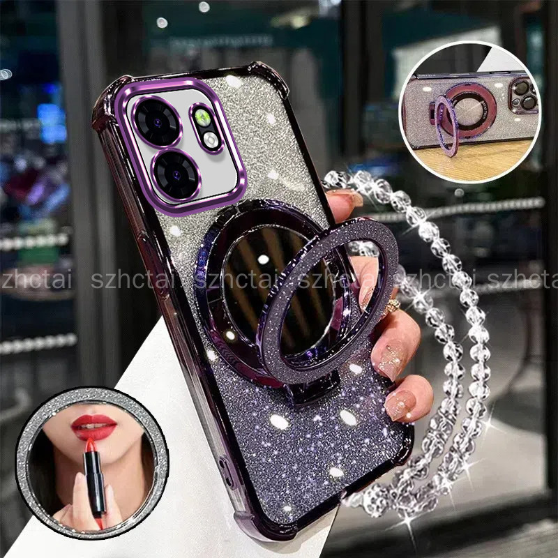 เคสสําหรับ infinix Smart 9 Hot 50i 4G X6532 X6531 Smart9 Hot50i NFC สี่มุมกันกระแทกเคสโทรศัพท์ป้องกันการล่มสลาย 3D ที่วางกระจกแต่งหน้าสร้อยข้อมือใหม่ softcase