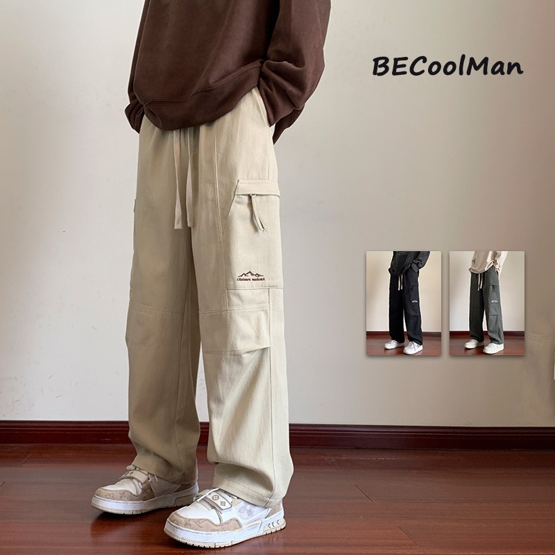 BECoolMan กางเกงทำงานผู้ชาย ทรงตรง สไตล์อเมริกัน หล่อ แมทช์ลุคง่าย ใส่สบายระบายอากาศได้ดี
