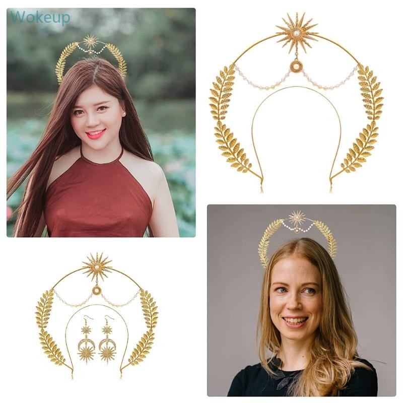 Woke เจ้าสาว Headpiece มงกุฎแต่งงานต่างหูคาดศีรษะผู้หญิงเครื่องประดับผมอุปกรณ์เสริม