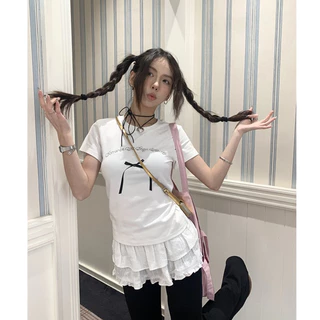 (จัดส่งตลอด 24 ชั่วโมง）Angle Official เสื้อยืดคอกลมสีขาว ชุดการพิมพ์ ลมเกาหลี