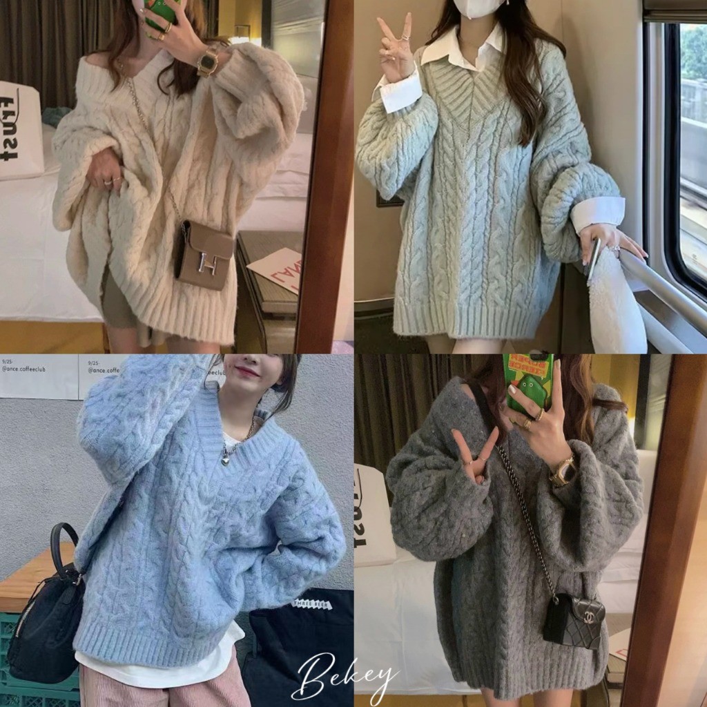 (พร้อมส่งจากกรุงเทพ🇹🇭) เสื้อสเวตเตอร์หนาหลวมคอวีเสื้อสเวตเตอร์สีทึบแฟชั่นสตรีใหม่ L021