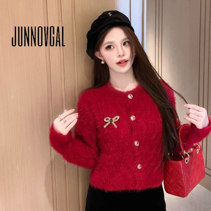 Junnovgal ผู้หญิงคาร์ดิแกนปุ่มรอบคอถัก 2024 เย็บปักถักร้อยแขนยาว
