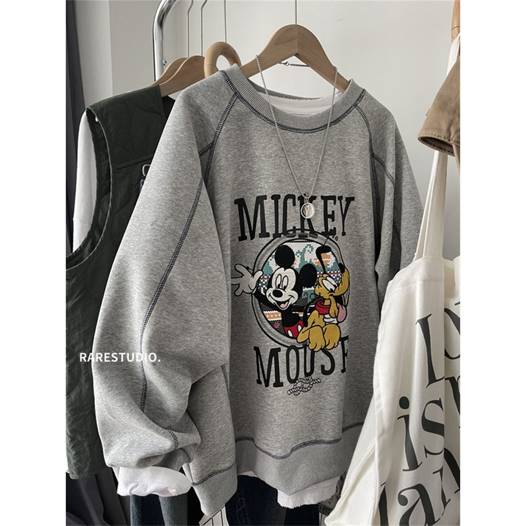 ເສື້ອກັນໜາວຜູ້ຍິງພິມ Mickey ຄໍມົນ ຊຸດວ່າງສະບາຍ ແຂນຍາວ ມີ hood