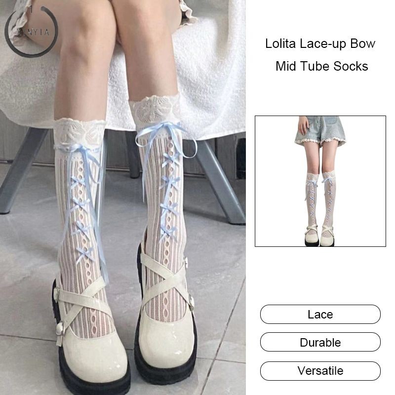 จัดส่งที่รวดเร็ว✨Lolita Lace-up Bow Mid Tube Socks ถุงเท้าลูกไม้หวานถุงเท้าลูกวัวสไตล์ญี่ปุ่น-XINYIA1