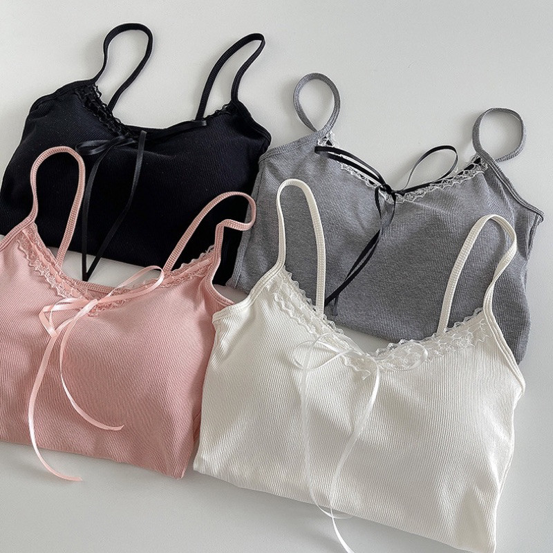 【LYILI】เสื้อสายเดี่ยว ครอป พร้อมส่งในไทย มีฟองน้ำในตัว ดีเทลโบว์ผูกรอบขอบ สไตล์เวียดนาม เกาหลี แต่งตัวแมชชิ่งง่ายย น่ารักก 537 BBB