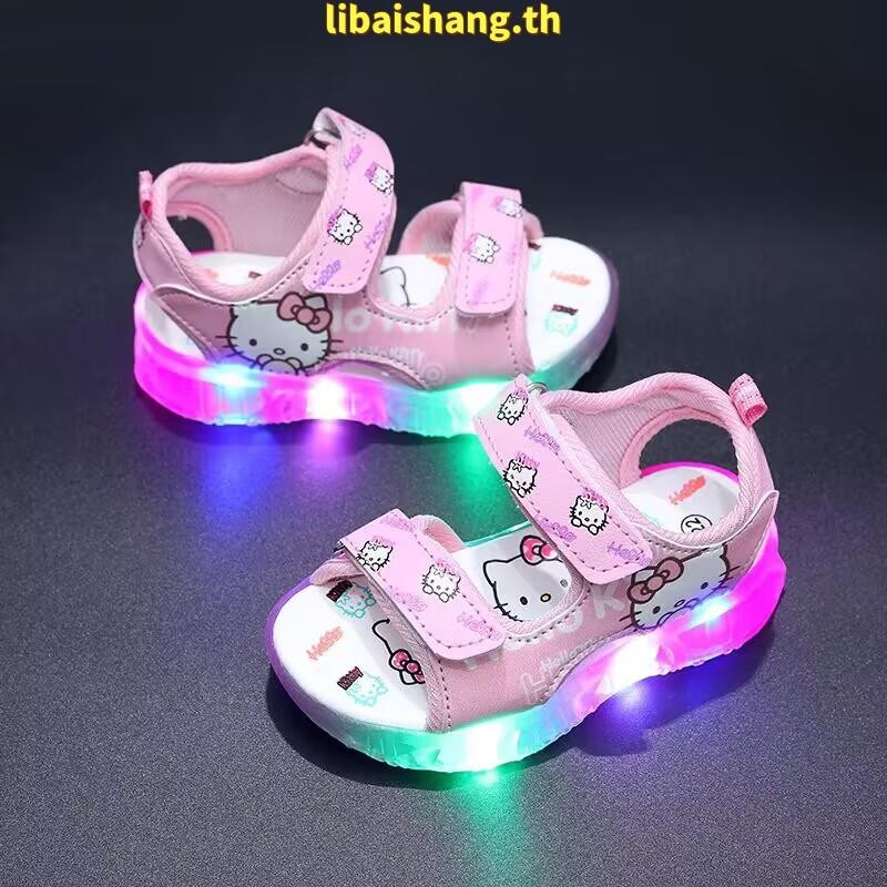 SUGE รองเท้าแตะลําลอง ลายการ์ตูนแมว มีไฟ LED สีชมพู สีม่วง แฟชั่นชายหาด สําหรับเด็ก