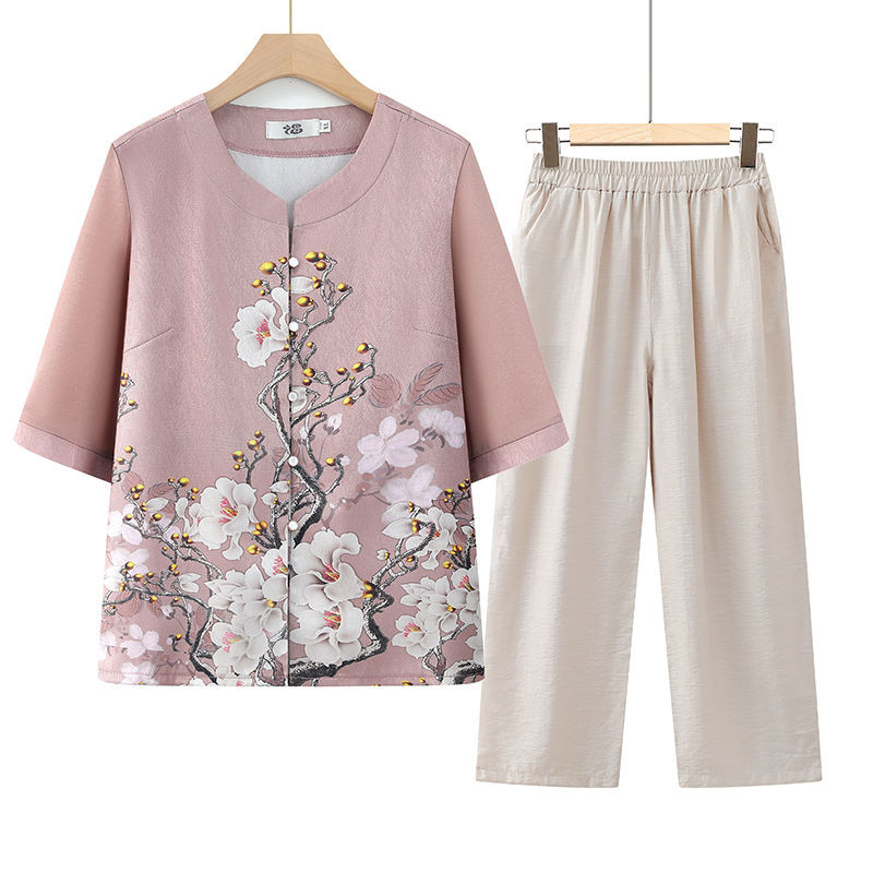 Set 2 ชิ้น เสื้อผู้หญิง+กางเกงขายาว ลายดอกไม้ แขนสามส่วน เสื้อคนแก่ สวมใส่สบาย