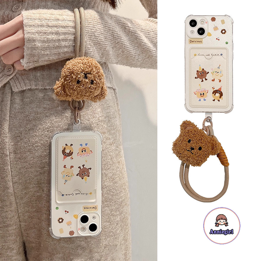 น่ารักคุกกี้ตุ๊กตาหมีไนลอน Lanyard ผู้ถือบัตรเคสโทรศัพท์สําหรับ IPhone 11 15 16 Pro MAX 16 Plus 12 14 13 Promax XS MAX XR 7 8 Plus Drop ทน TPU นุ่มโทรศัพท์ปกหลัง