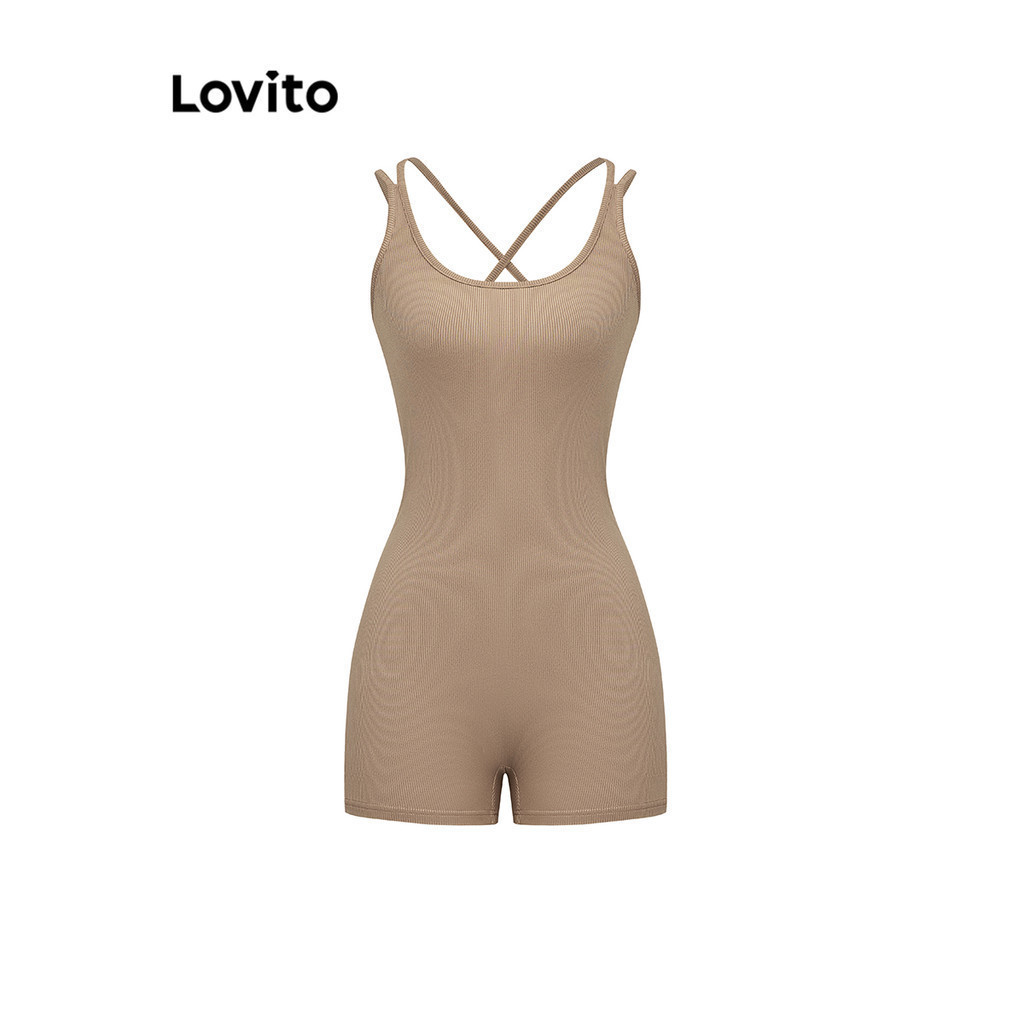 Lovito จั๊มสูทผู้หญิง สายไขว้ ผ้าถัก ผูกหลัง สีพื้น สไตล์โมเดส L93AD103