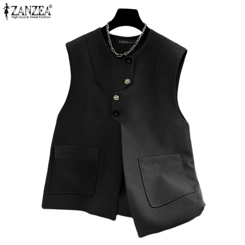 ZANZEA ใส่ ซานเซีย ผู้หญิงเกาหลีรอบคอแขนกุดปุ่มกระเป๋าเสื้อกั๊กหลวม