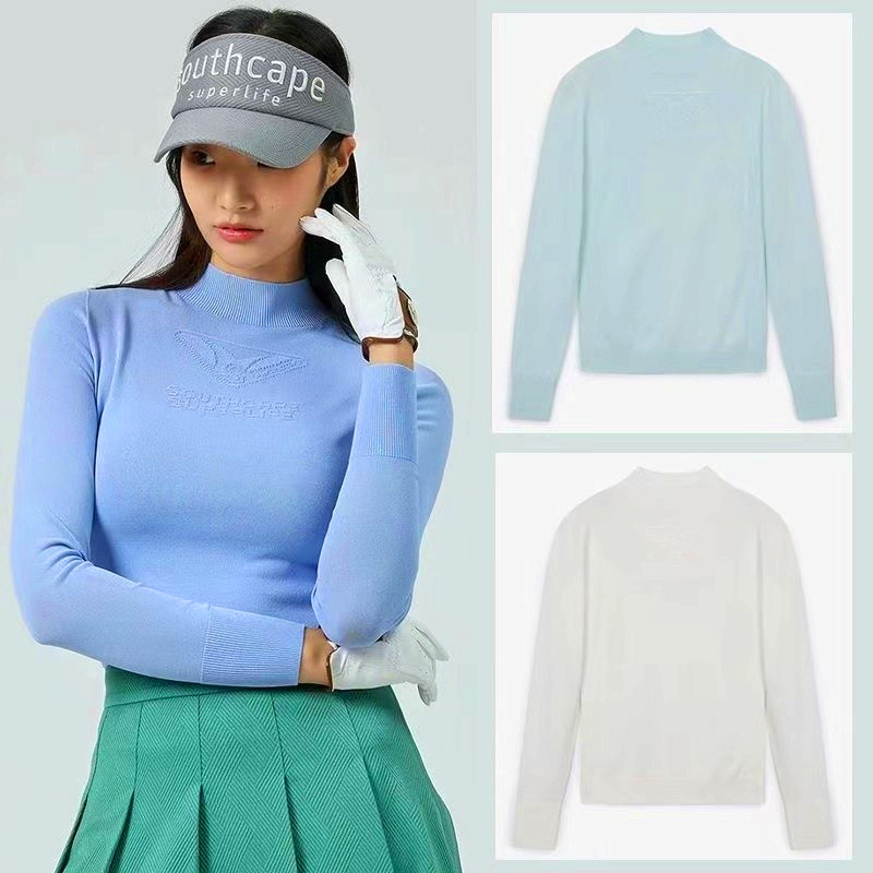 เสื้อผ้ากอล์ฟเสื้อผ้าผู้หญิงยืนขึ้นปกด้านบนที่เรียบง่ายสีทึบแขนยาวกีฬาเสื้อถักชุดกอล์ฟฤดูใบไม้ผลิฤดูใบไม้ร่วงใหม่แขนยาวด้านบนเสื้อถักผู