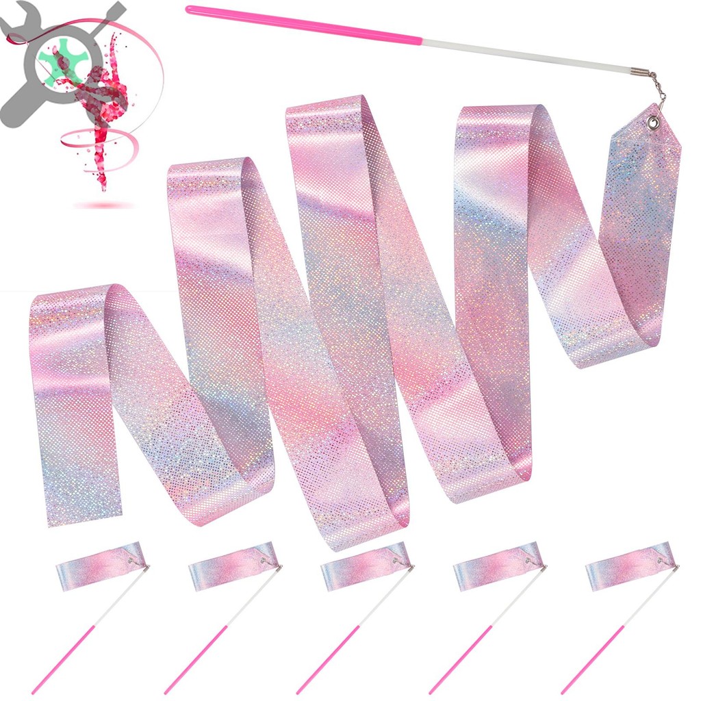 6 ชิ้นเต้นรําริบบิ้น 78.7 นิ้วประกายริบบิ้นลําแสง Rhythmic ยิมนาสติก Twirling ริบบิ้นผ้าไหมริบบิ้น W