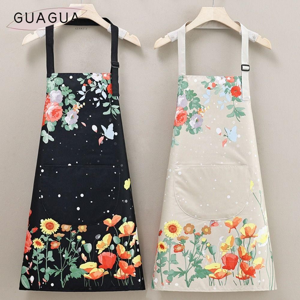 กัวกัว ผ้ากันเปื้อนครัวสวมทนด้วยกระเป๋าทํางานผ้ากันเปื้อนทําอาหารกันน้ํากันเพรียงลายดอกไม้สดชุดร้านอาหารผู้ใหญ่