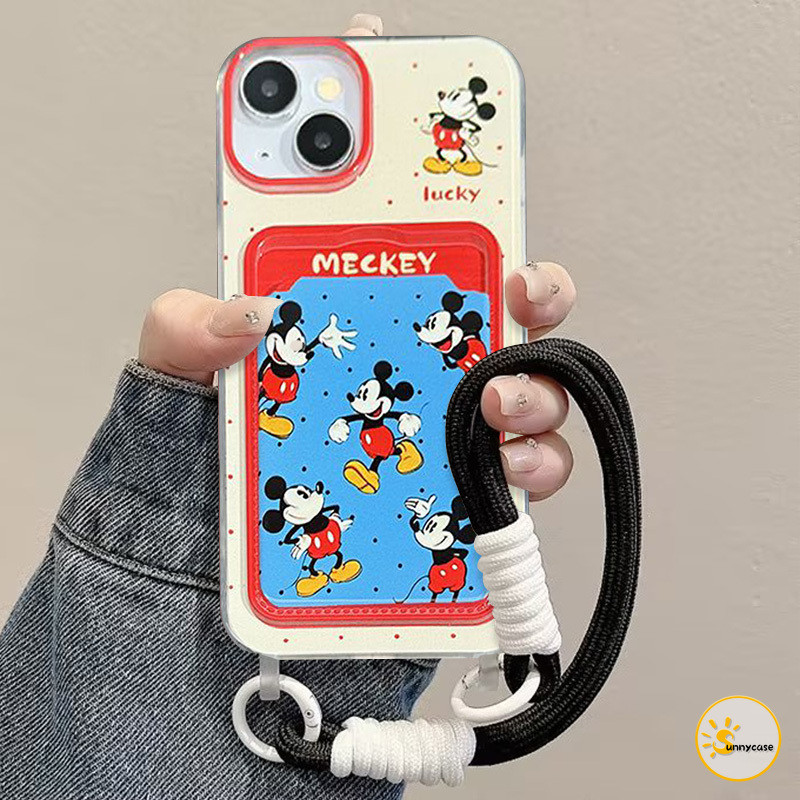 เคสแบบนุ่มพร้อมสายคล้องสำหรับใส่บัตร Mickey Mouse สุดน่ารัก เข้ากันได้กับ IPhone 11 15 16 14 12 13 Pro Max XR 7Plus XS X