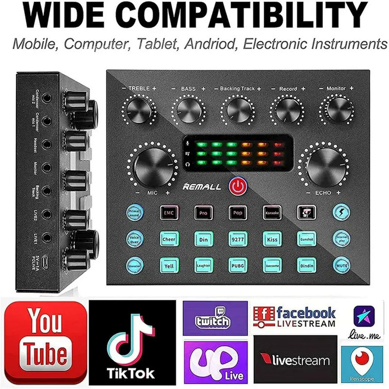 H Podcast Microphone Sound Card V8S Microphone Sound Mixer live sound card Audio Mixing Console Ampl