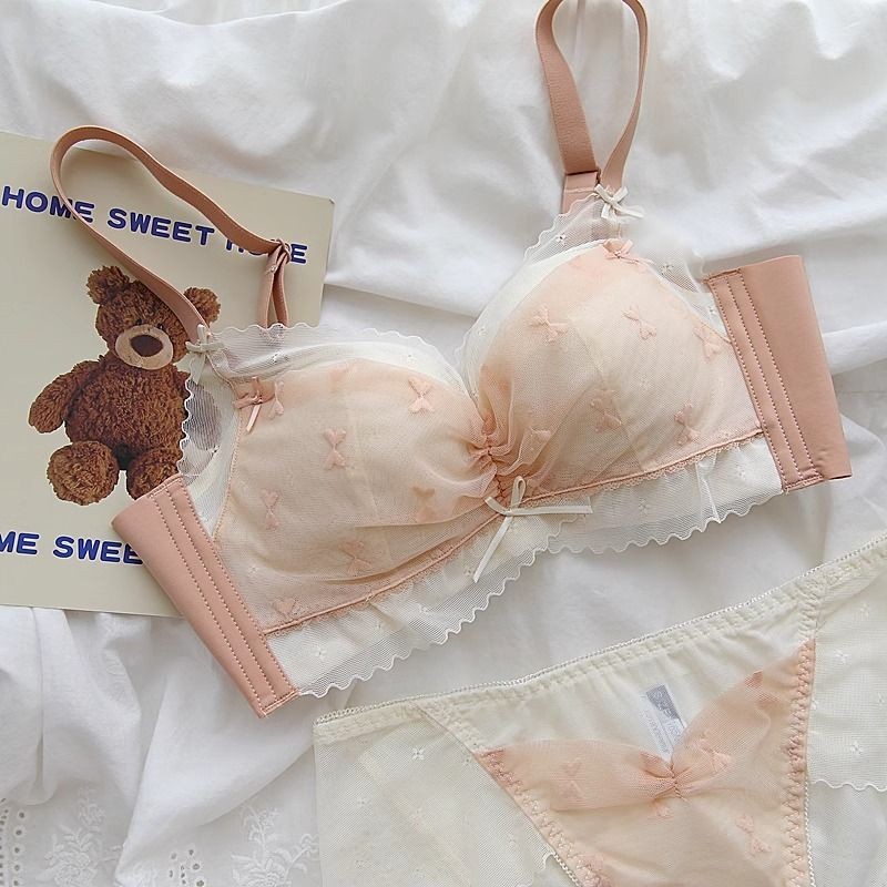 Women's Underwear Lace Push up Sweet Beauty Bra Small Chest Suit No Steel Ring Big Soft Glutinous Thick Bow Skin-Friendly XZ2K