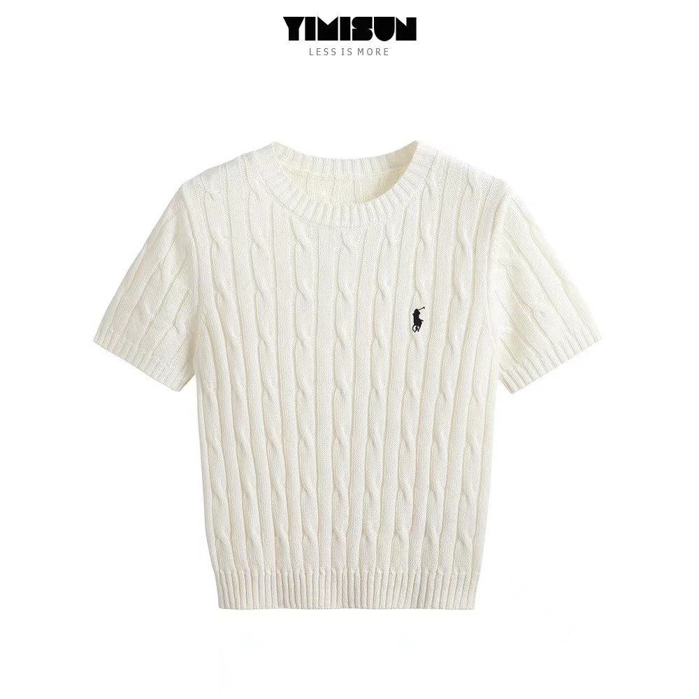 เสื้อถักแขนสั้นปักลายม้าเสื้อยืดคอกลมผู้หญิงเสื้อตัวในทรงเข้ารูปสไตล์วิทยาลัยดอกไม้บิด jzz ใส่เกราะม้ามิงค์กวน7kbg