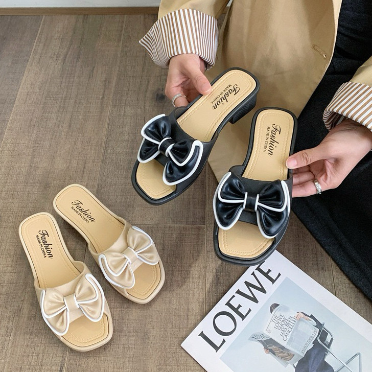 Destin🩰พร้อมส่งจากไทย🛒 (LT-886-2) รองเท้าแตะสวม ส้นตึก ดีเทลโบว์ สำหรับผู้หญิง แมตได้ทุกลุค ใส่สบาย