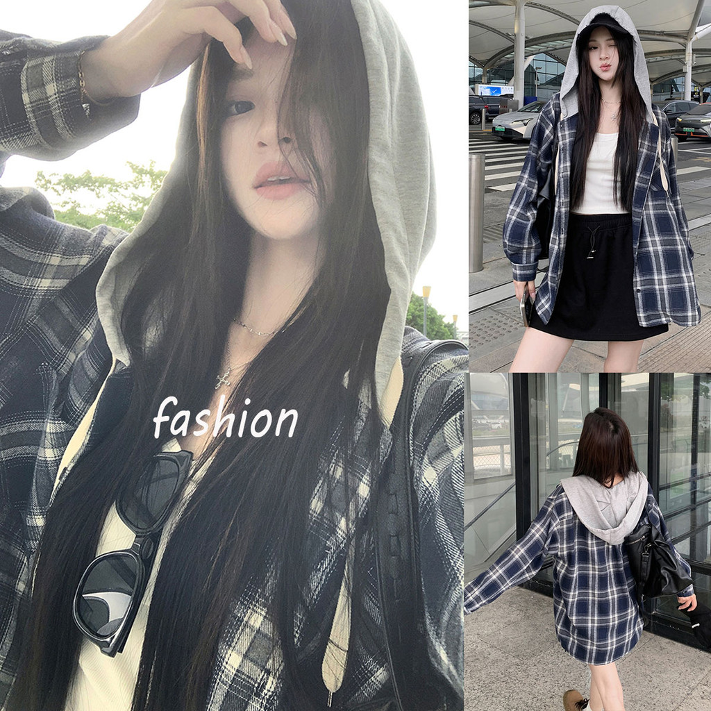 Dahong💛W506 พร้อมส่ง  คลุมด้วยผ้า เสื้อลายสก๊อตผู้หญิงฤดูใบไม้ร่วง   เสื้อเชิ้ตแขนยาว สไตล์เกาหลี ทรงสวย​  free size