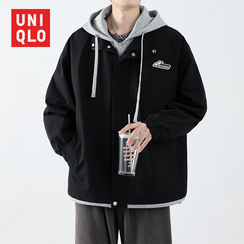 UNIQLO ยูนิโคล่ ผู้ชายวิ่งแจ็คเก็ตชายเยาวชนปลอมสองชิ้นคลุมด้วยผ้าคาร์ดิแกนสีปิดกั้นกันน้ําหนาเสื้อผ้าภูเขากลางแจ้ง
