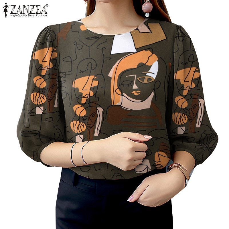 ZANZEA ใส่ ซานเซีย ผู้หญิงลําลอง3/4แขน โอ-คอพิมพ์วันหยุดท็อปส์