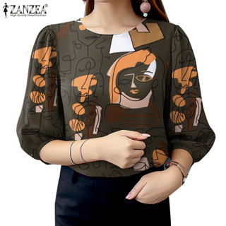 ZANZEA ใส่ ซานเซีย ผู้หญิงลําลอง3/4แขน โอ-คอพิมพ์วันหยุดท็อป…