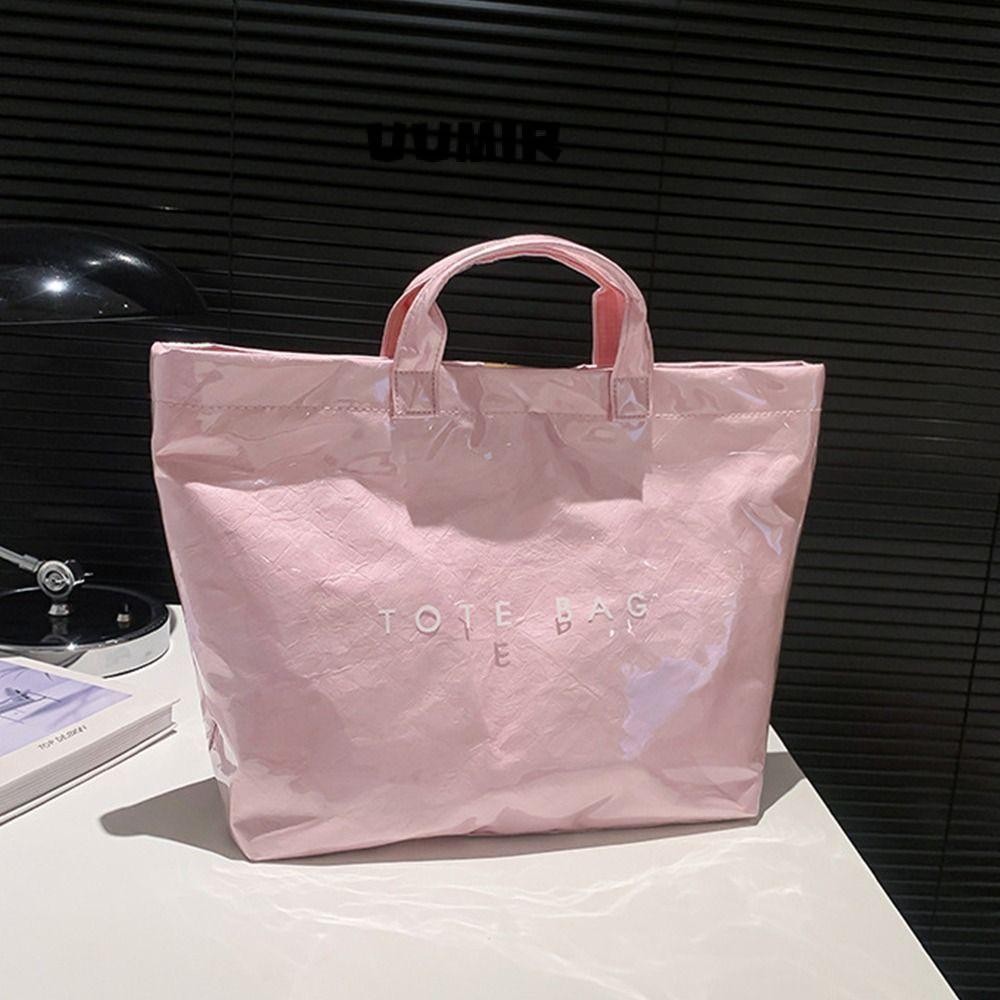 Uumir กระดาษคราฟท์ Tote Bag, PVC กันน้ําผู้หญิง Letter Print Bag, Fashion Large Capacity Tote Bag
