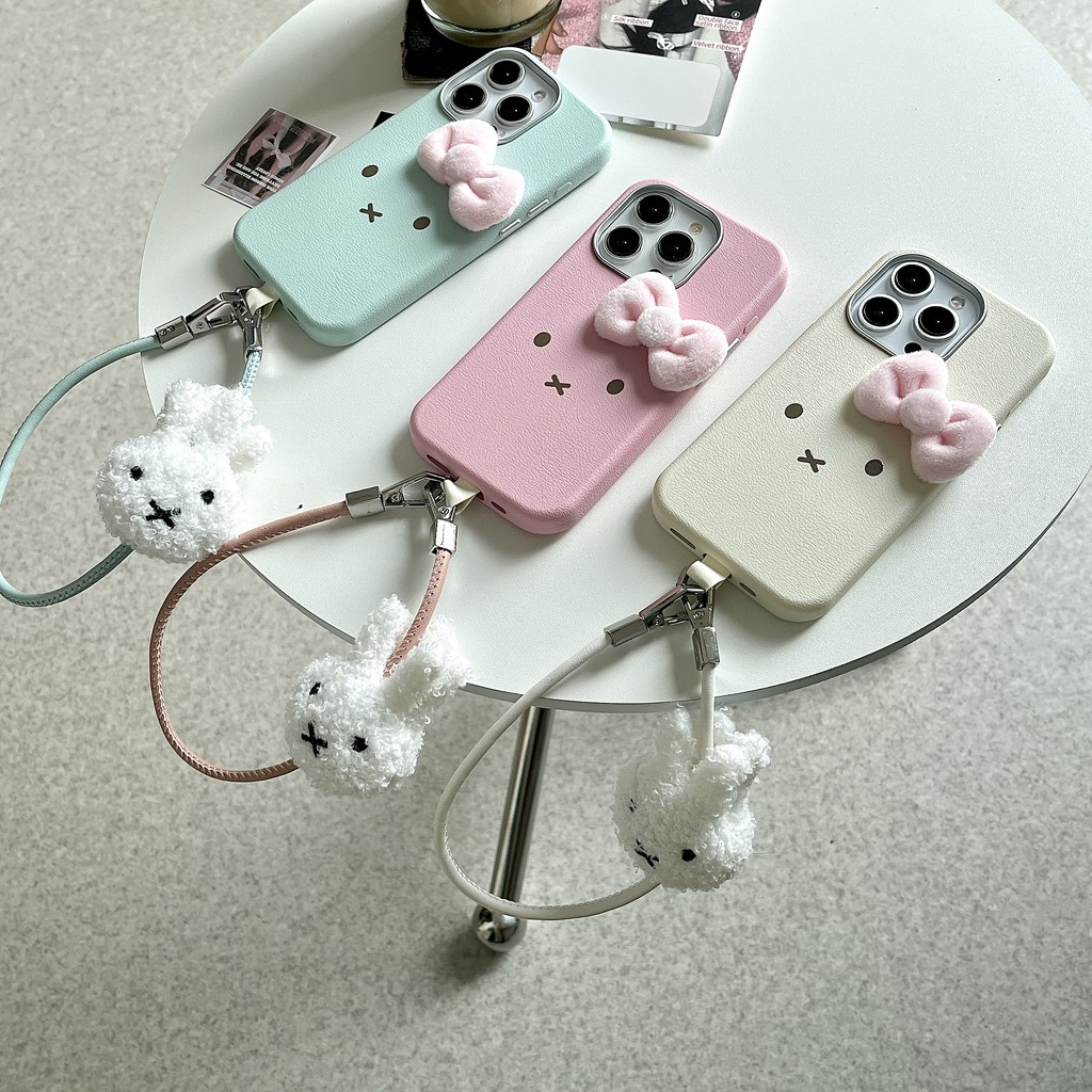 Miffy กระต่าย Bowknot Veneering ตุ๊กตาตุ๊กตาเชือก TPU สําหรับ Apple IPhone 16 15 14 13 Pro Max เคสกันกระแทก