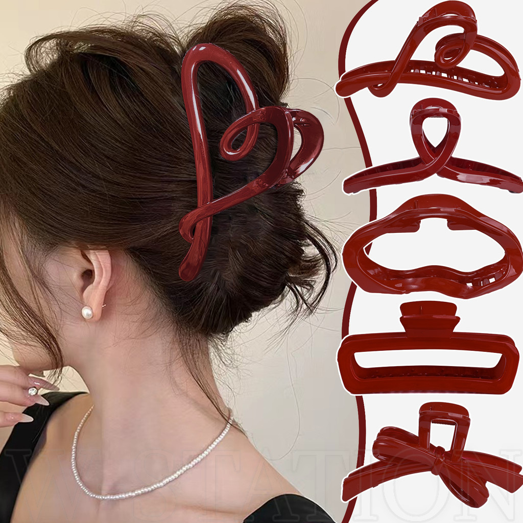1/2/3pc Vintage Red Hair Claw - Ankela Red Large Geometric Shark Clips - Elegant, Temperament, Simple Bowknot Hairpin - Back Head Hair Holder for Women - Fashion Hair Accessories
