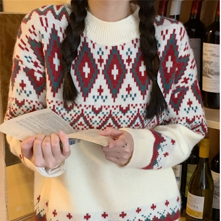 ซูซี สไตล์เกาหลีหลวมย้อนยุคฤดูใบไม้ร่วงใหม่ลําลองคอกลมแขนยาวถักเสื้อกันหนาว 241104