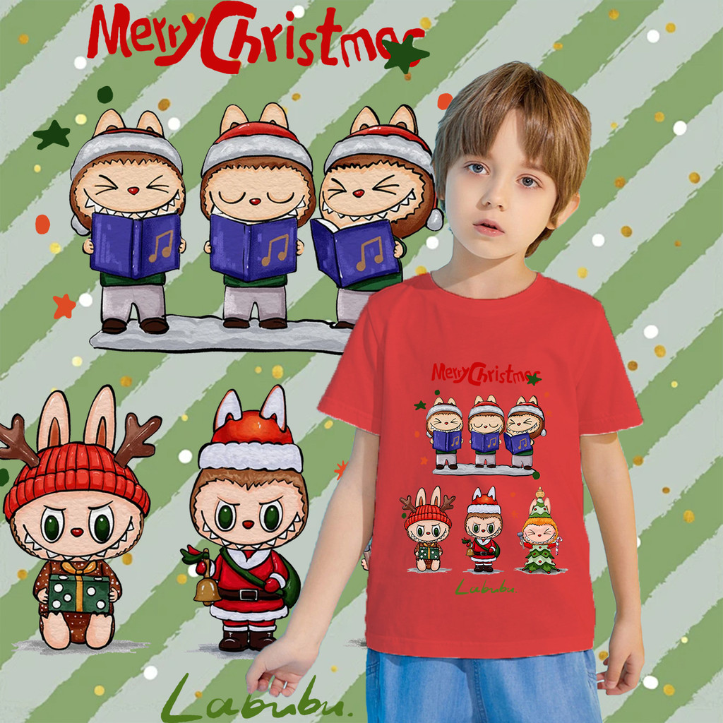 ❤️labubu sings Christmas song prints ชุดคริสต์มาสสุดล้ำคอกลมแขนสั้นสำหรับเด็กผลิตจากผ้าคอตตอนทำความส