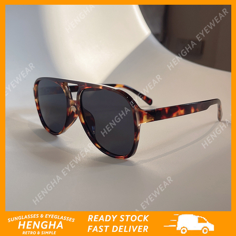 (HENGHA) แว่นกันแดด Vintage Leopard Print Double Beam Aviator แว่นกันแดดสีสันสดใส