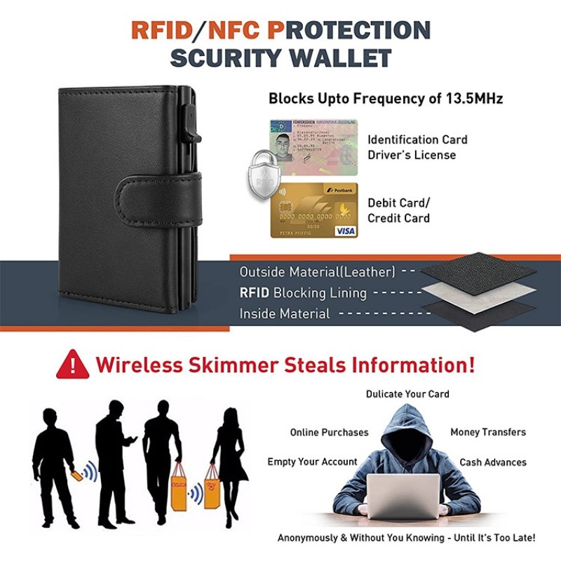 กระเป๋ารถกระบะจริงกล่องอลูมิเนียมอัตโนมัติ RFID Anti Magnetic Anti Theft Brush กระเป๋าสตางค์แฟชั่นชั้นสูงพร้อมซิปและกระเป๋าเงินทอน