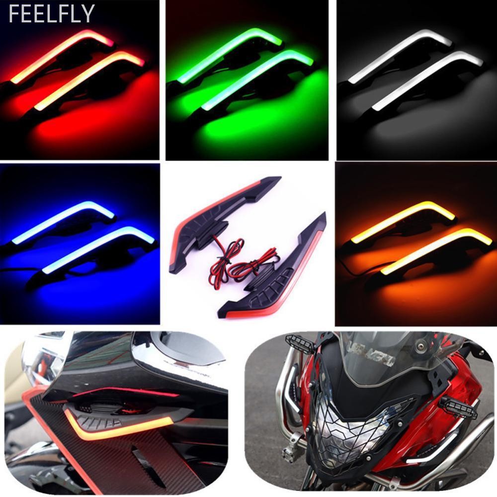 Feelfly 2 ชิ้นรถจักรยานยนต์ด้านหน้าด้านข้างสปอยเลอร์ Winglets Aerodynamic ชุดปีกคงที่ลมปีกพร้อมไฟ LED B1F5