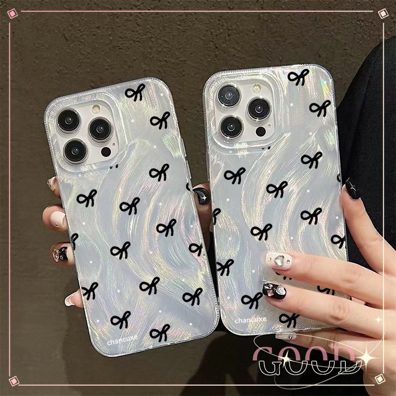 GOOD จากประเทศไทย เคส ไอโฟน ขนนกสีเงิน อ่อนนุ่ม TPU สำหรับ iPhone11 16 15 12 14 13 Pro Max 14PLUS/15PLUS สีดำ โบว์