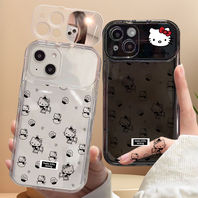 Poppa ส่งจากไทย พลิกกระจกแต่งหน้า เงิน เคสไอโฟน กันกระแทก สําหรับ 16 11 12 13 14 15PRO MAX 7Plus XS/R XSMax Hello Kitty