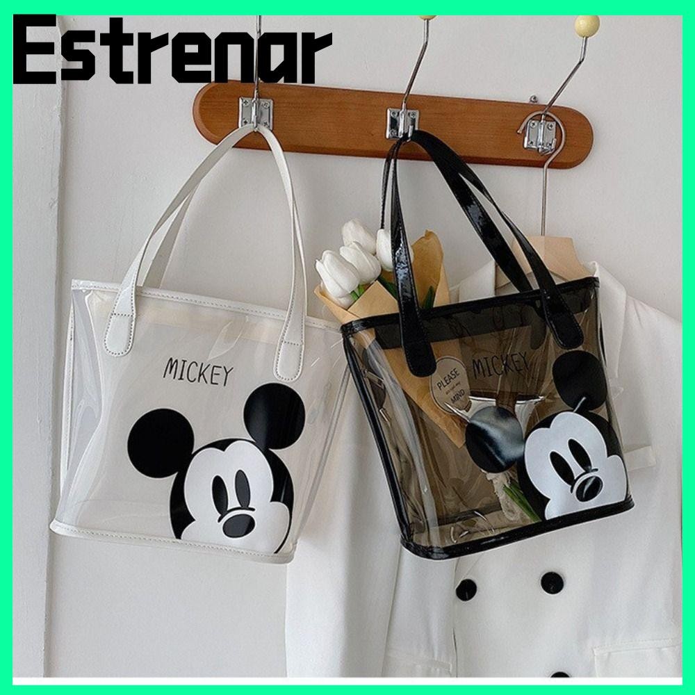 Estrenar PVC Jelly Bag, Mickey Mouse เปิดกระเป๋าสะพายพิมพ์ลาย, PU Handle เวอร์ชั่นเกาหลีกระเป๋าชายหาดโปร่งใสเดินป่าท่องเที่ยว