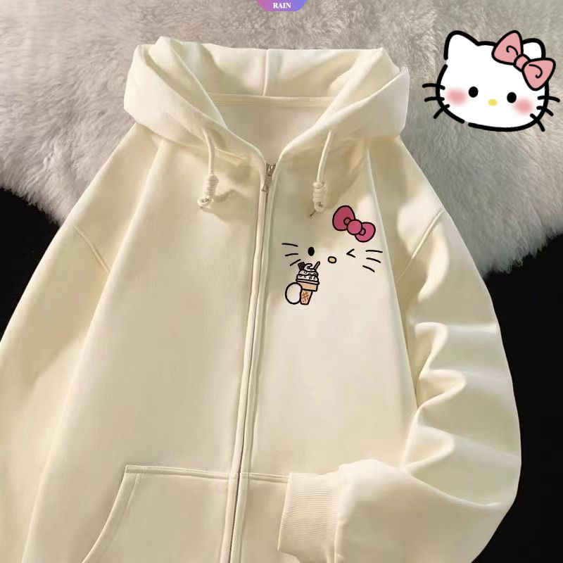 SANRIO ซานริโอ น่ารัก HelloKitty คาร์ดิแกนเสื้อกันหนาวมีฮู้ดผู้หญิง 2024 ฤดูใบไม้ร่วงใหม่เสื้อแจ็คเก็ตบางท็อปส์ [RAIN]