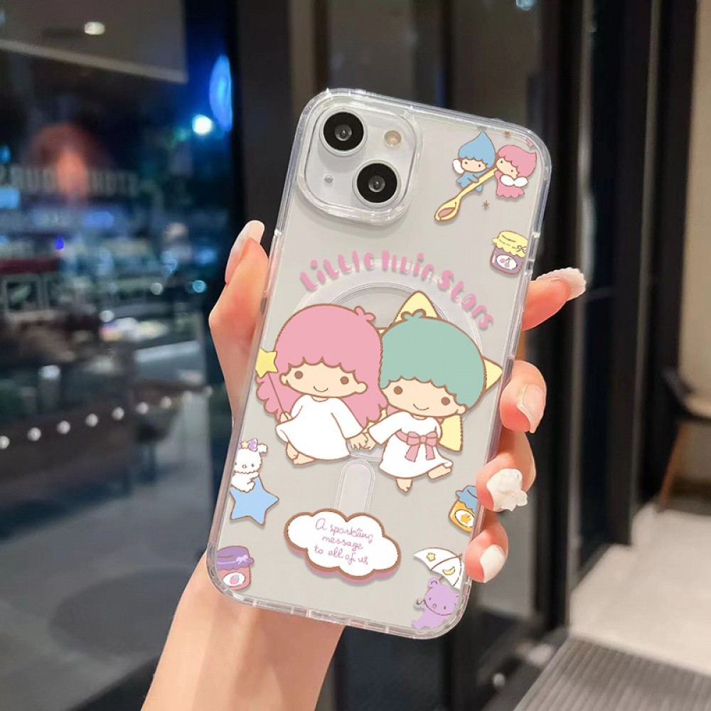 Simple น่ารัก little twin stars เคสโทรศัพท์สําหรับ iPhone16 15 14 11 13 12 X XS Pro Max Xr Mini Xr 7 8 Plus มือถือโปร่งใสไม่เหลืองกันกระแทกแม่เหล็กป้องกันกรณี