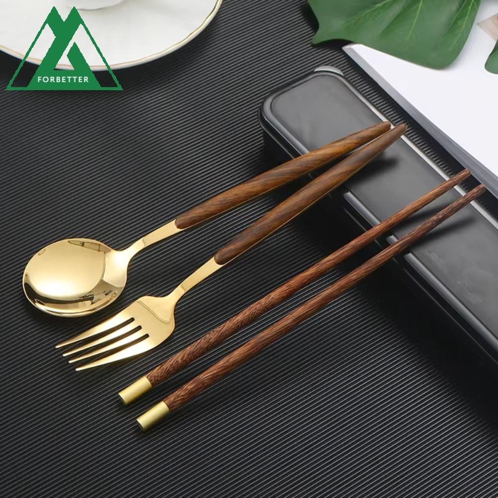 อย่างแน่นอน 4ชิ้น/เซ็ตชุดช้อนส้อม,สแตนเลสพร้อมกล่องชุดบนโต๊ะอาหารแบบพกพา,ทนทานขอบเรียบด้ามไม้ญี่ปุ่นช้อนส้อมและชุดตะเกียบโรงเรีย