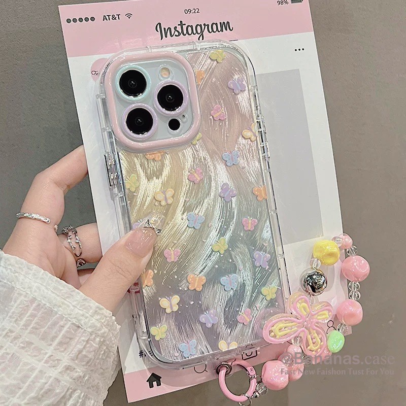 Iphone 16 15 14 13 12 11 Pro Max X Xr Xs Max 7 8 Plus SE2020 เคสโทรศัพท์ไล่ระดับสีผีเสื้อสี + Lanyard Bling Clear ฝาครอบโทรศัพท์