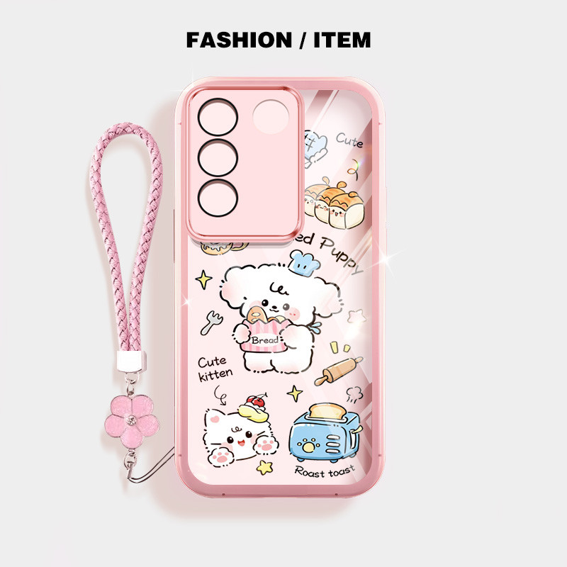 ขนมปังน่ารักสุนัขเคสโทรศัพท์สําหรับvivo Y19S V29E Y200 5G S17 V29 Pro 5G S17Tปลอกโปร่งใสฝาครอบป้องกันดอกไม้เชือกแขวน