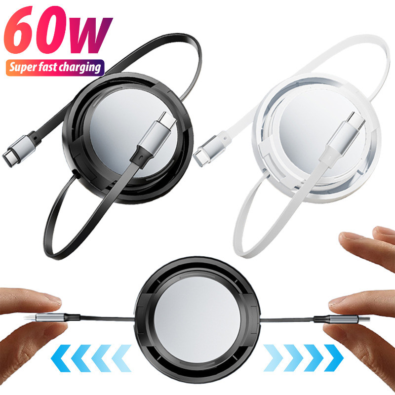 Creative 60W สายชาร์จเร็วแบบยืดหดได้ - สายชาร์จ Type C คู่ 2 in 1 - ความยาว 4 ขั้นตอนสายข้อมูล