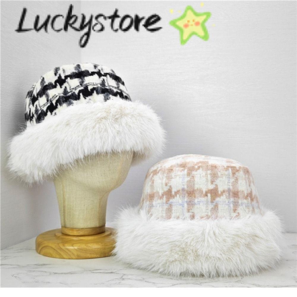 Lucky Fluffy Fur Bucket Hat, Snowy Day Thicken หมวกปานามา, ฝาครอบป้องกันหูหมวกคลุมศีรษะ Cold Berets ผู้หญิง