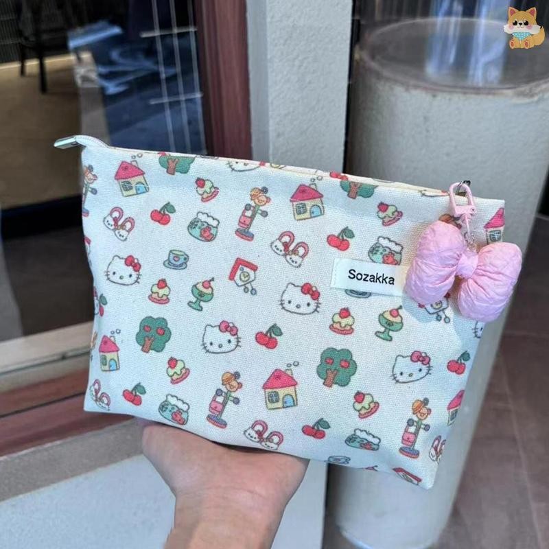 [VI] Kawaii Sanrio Hello Kitty กระเป๋าแต่งหน้าประณีตการ์ตูนพิมพ์กระเป๋าเดินทางขนาดใหญ่ความจุผ้าใบกระเป๋าเครื่องสําอางสาวของขวัญ TH