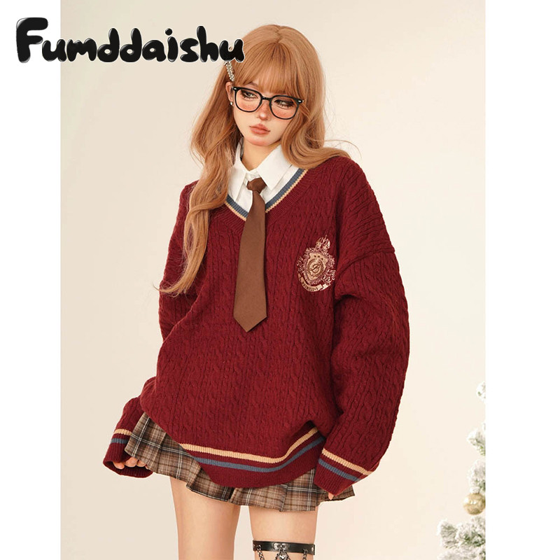 Fumddaishu เสื้อสเวตเตอร์ผู้หญิง ใหม่ แฟชั่น เกาหลี อเนกประสงค์ คริสต์มาส ไวน์ สีแดง คอวี สไตล์วิทยาลัย ถัก แขนยาว สูงสุด